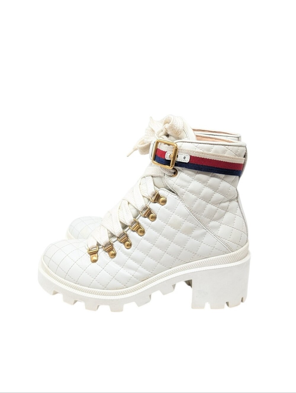 Gucci Trip Sylvie White Quilted Leather Lace Up Combat Boots Size EU 37.5